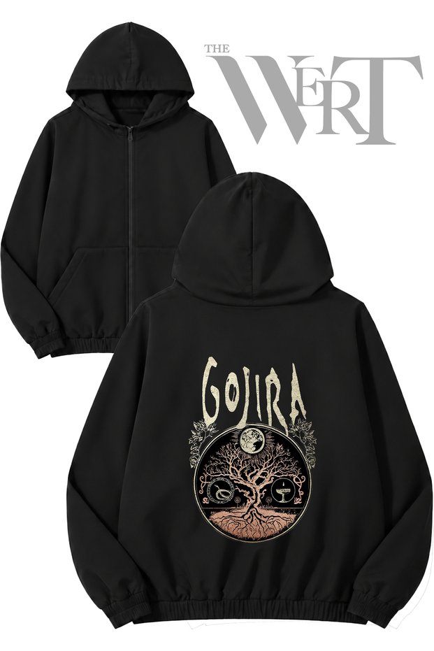 Gojira 2 Back Printed Zippered Hooded Black Cardigan (2 Yarns)