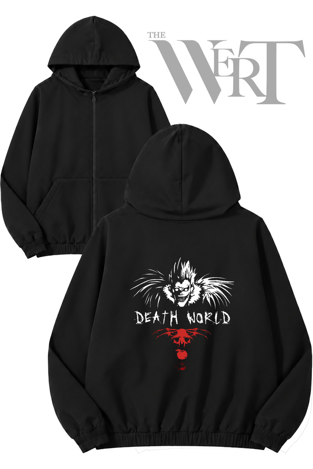 Horror Fiend Spooky Back Printed Zippered Hooded Black Cardigan (2 Yarns)