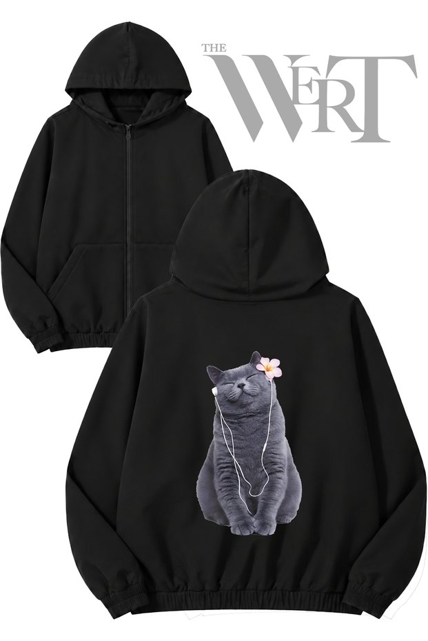 Gray Cat Ear Pattern Back Printed Zippered Hooded Black Cardigan (2 Yarns)