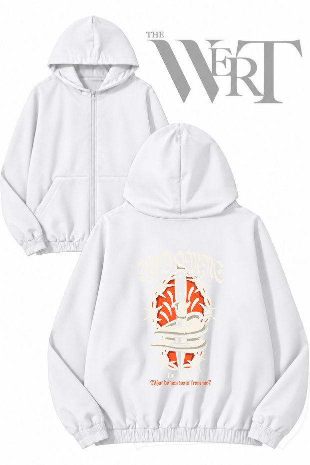 Best Seller of Bad Omens Back Printed Zippered Hooded White Cardigan (2 Yarns)
