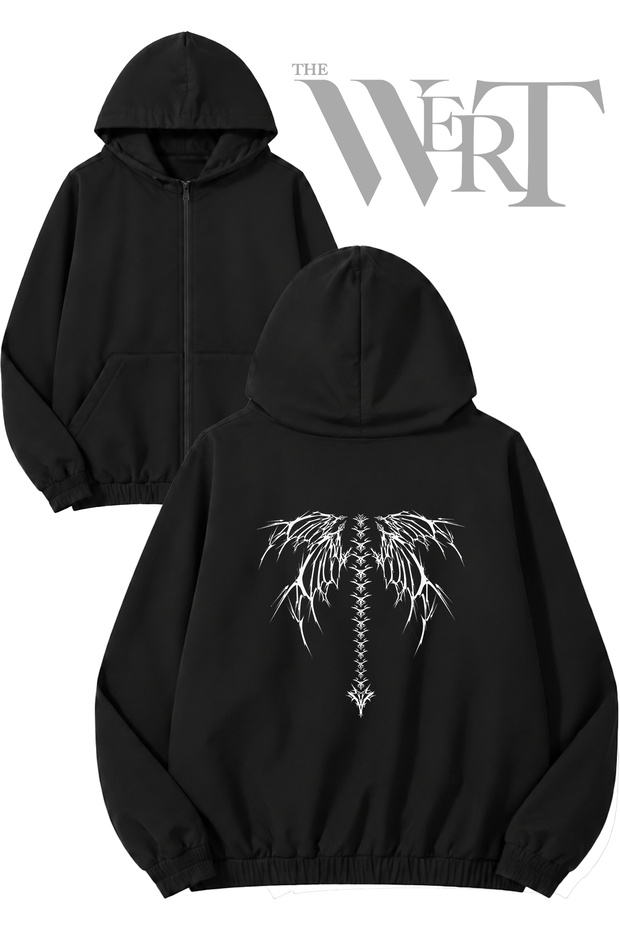 Winged Skeleton Back Printed Zippered Hooded Black Cardigan (2 Yarns)
