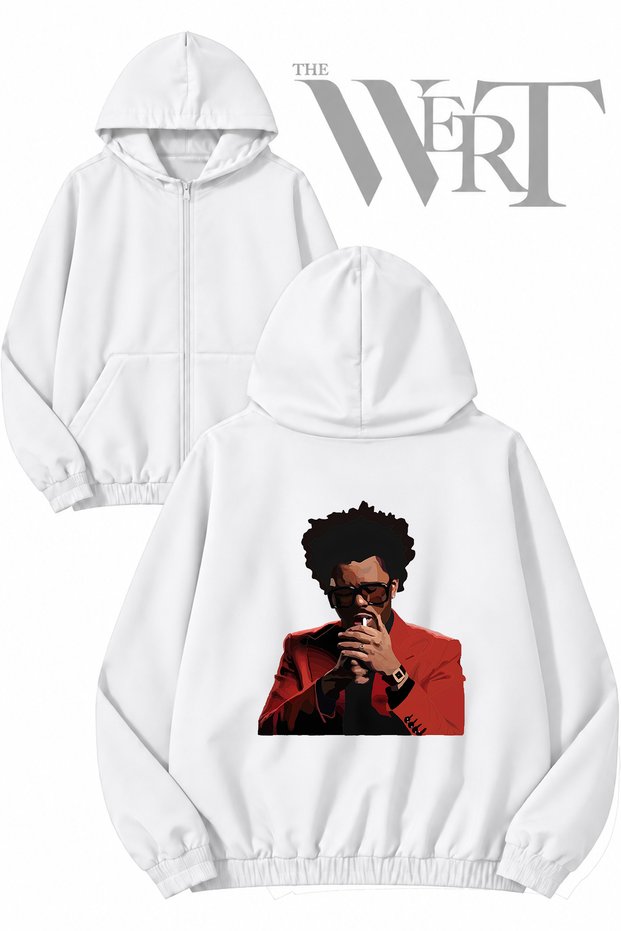 The Weekend Singer Back Printed Zippered Hooded White Cardigan (2 Yarns)