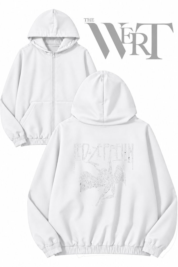 Led Zeppelin Angel Back Print Zippered Hooded White Cardigan (2 Yarns)