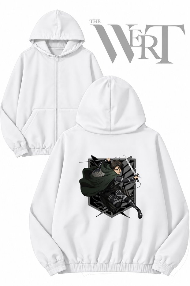 Attack on Titan Levi Dark Back Print Zippered Hooded White Cardigan (2 Yarns)