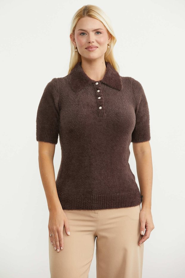 Polo Collar Soft Textured Knit Sweater - Brown