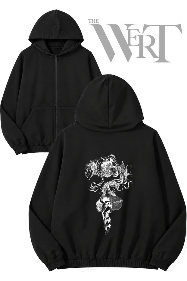 Meguru Bachira Drawing Back Print Zipper Hooded Black Cardigan (2 Yarns)