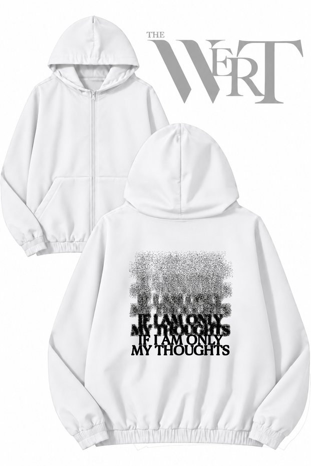 If I Am Only My Thoughts Back-Printed Zippered Hooded White Cardigan (2 Yarns)