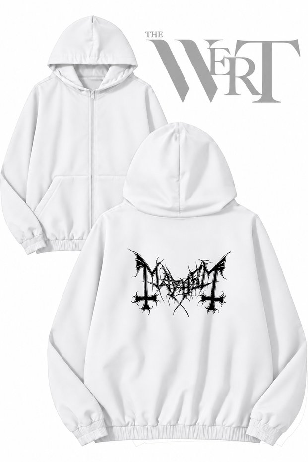 Mayhem 3 Back Printed Zippered Hooded White Cardigan (2 Yarns)