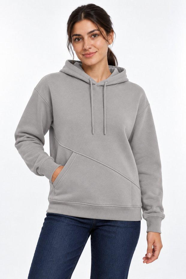 Soft Puff Fabric Women's Gray Color Sweatshirt with Side Pockets