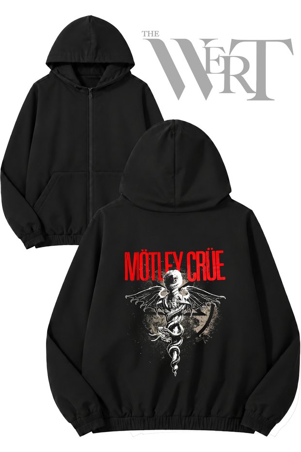 Motley Crue Snake Back Print Zippered Hooded Black Cardigan (2 Yarns)