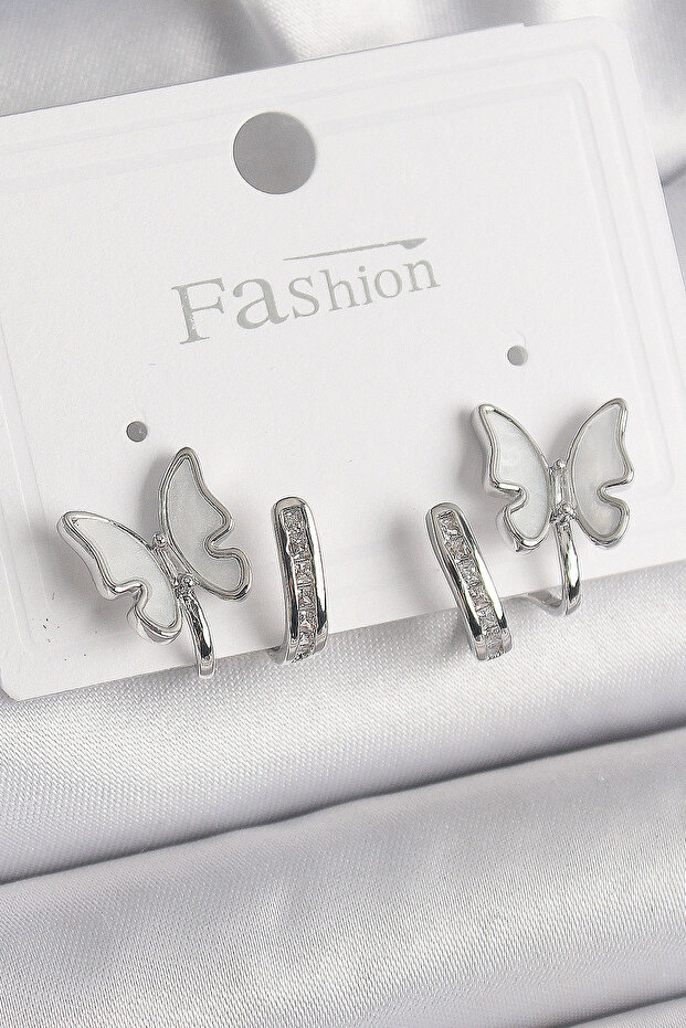 Brass Silver Color Zircon Stone Detailed White Pearlescent Butterfly Model Women's Earrings -