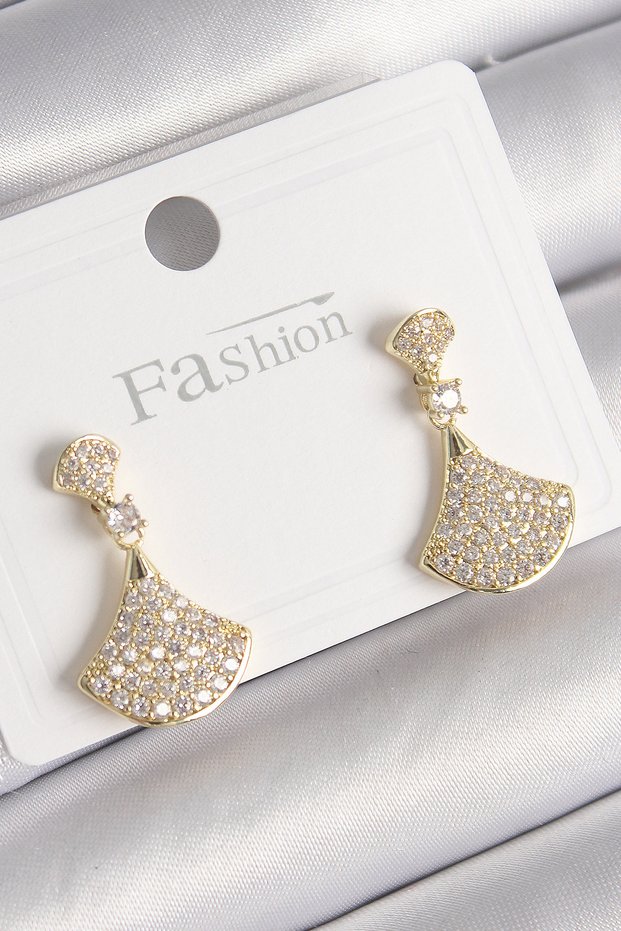 Brass Gold Color Zircon Stone Motif Model Women's Earrings -