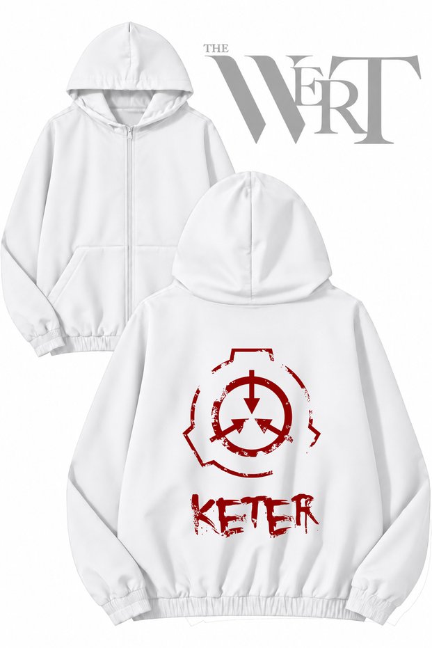 Scp Foundation 1 Back Printed Zippered Hooded White Cardigan (2 Yarns)