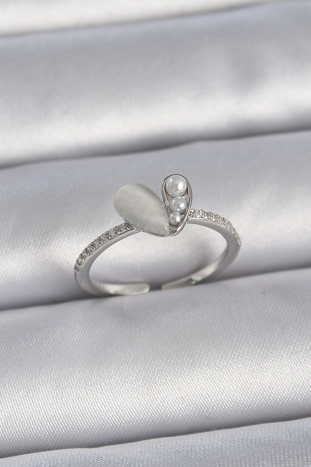 Silver-Toned Rice-Style Adjustable Ring with Zirconia and Pearl Accents and White Enamel for Women - Lisinya LS