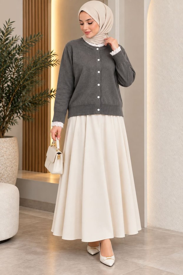Women's Hijab Knitwear Cardigan Lace Detailed Buttoned Long Sleeve Elegant Knitted Cardigan Stylish Daily Model