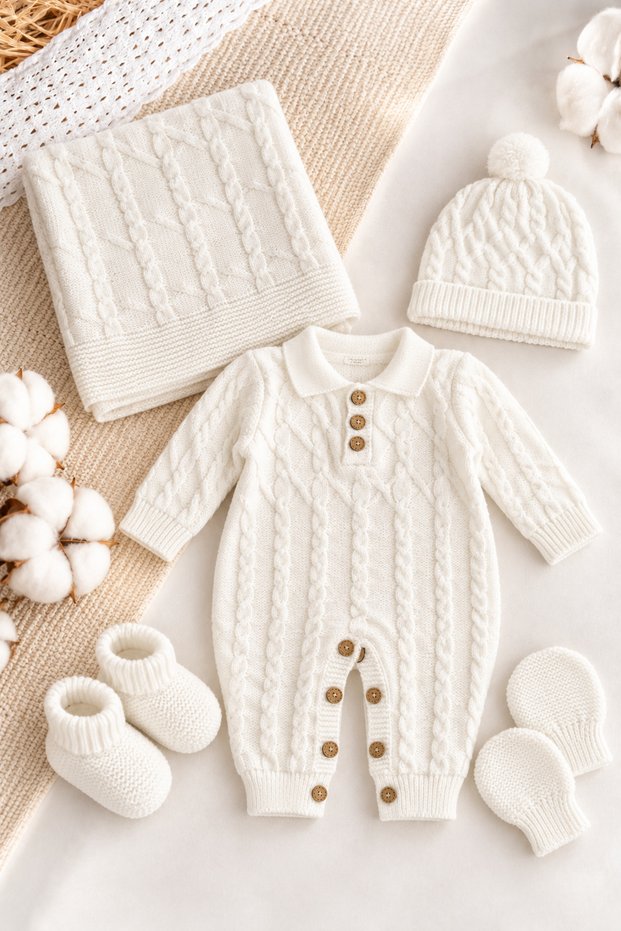 Girl Boy Unisex 5-Piece Luxury Knitwear Newborn Baby Hospital Discharge Set with Plush Lining and Blanket in Boxed Gift
