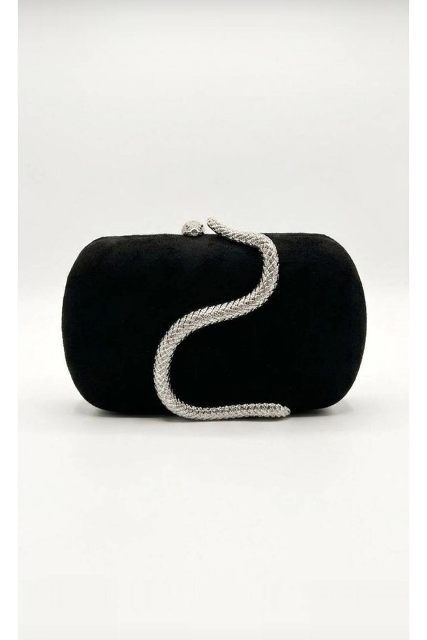 Women's Snake Figured Stoned Black Suede Portfolio Evening Dress Handbag Hardbox Clutch and Shoulder Strap