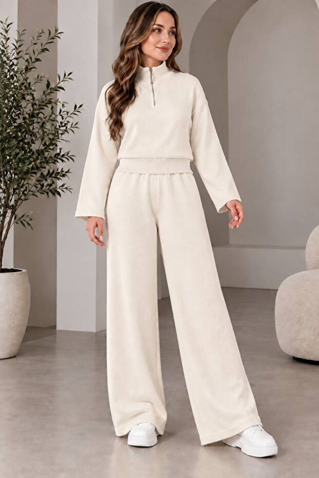 Women's Knitwear Double Set Zippered Sweatshirt Wide Leg Pants Loose Oversize Comfortable Casual Set
