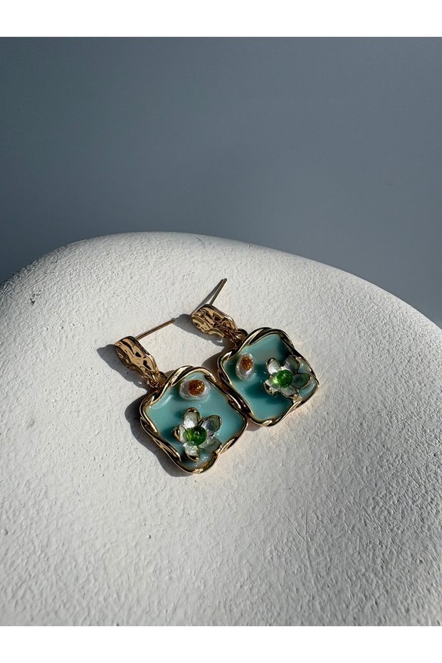 Gold Color Blue Retro Dangle Earrings (3.2 cm)