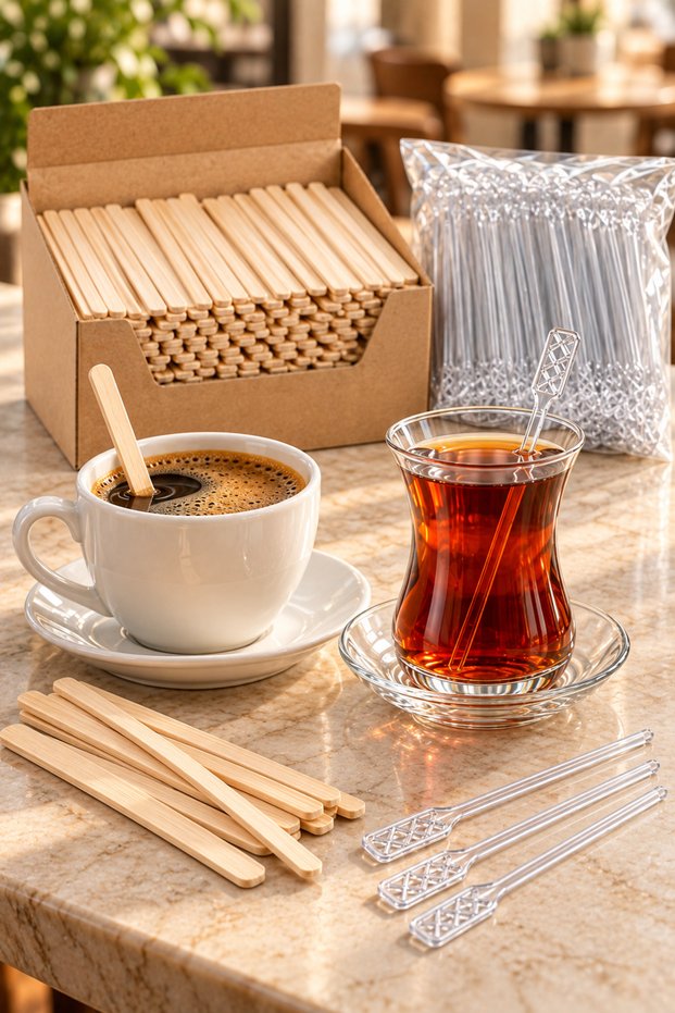 500 Pcs Plastic + 500 Pcs Wooden Bamboo Wooden Teaspoon Tea Stirring Stick
