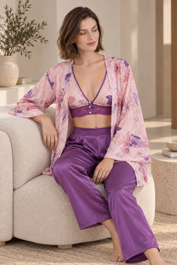 Women's Purple-Pink Satin Kimono Pajama Set Floral Patterned Bralet Trousers 3 Piece