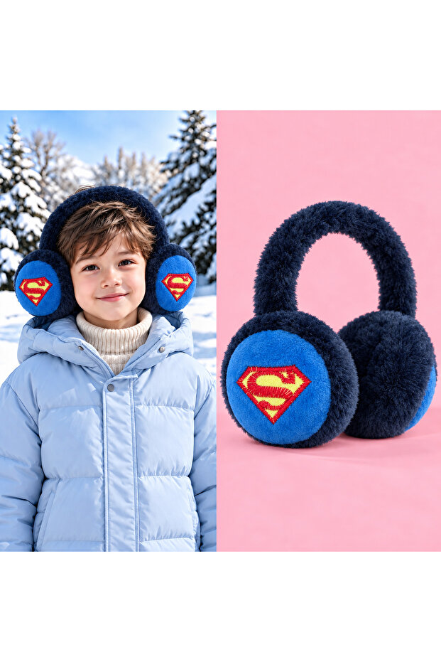 Cute Superman Patterned Navy Blue Young Girls Boys Plush Earmuff Furry Winter Ear Warmer Hat Cold Proof