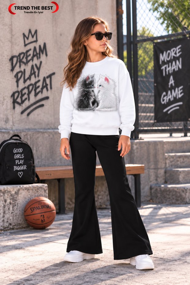 Winter, Spring, and Autumn Girls' Black Spanish Flared Bottoms and White Sweat Top