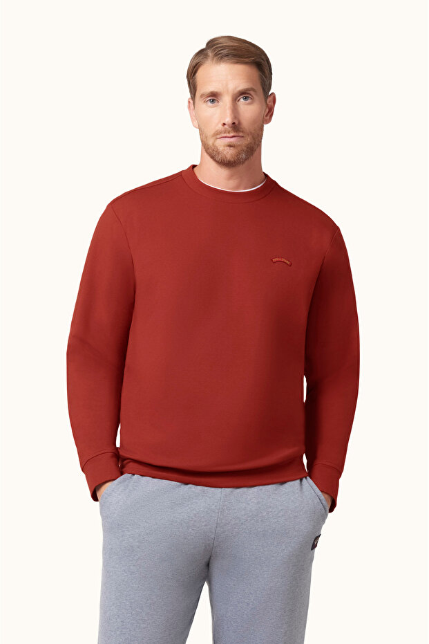 Men's Regular Cut Logo Detailed Round Neck Cotton Long Sleeve Red Sweatshirt