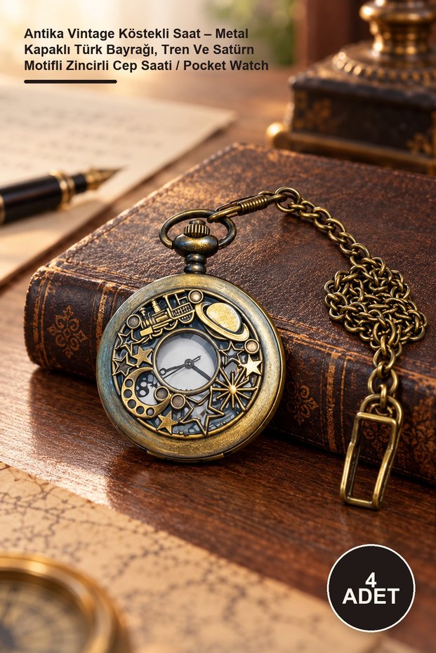 4 Pieces of Antique Vintage Chain Watches – Pocket Watch with Metal Cover, Turkish Flag, Train and Saturn Motifs / Pocket Watch