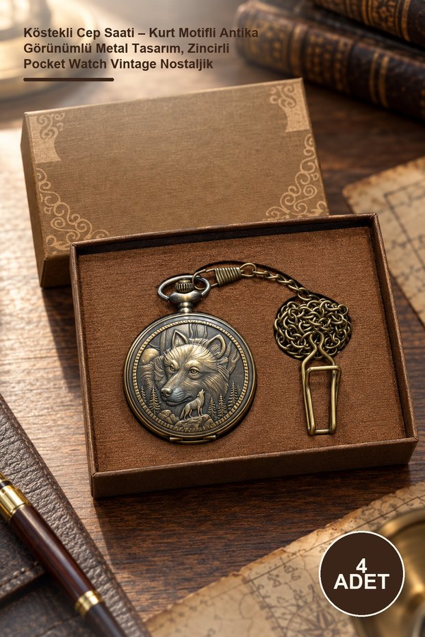 4 Pieces of Chain Pocket Watches – Antique Look Metal Design with Wolf Motif, Vintage Nostalgic Pocket Watch with Chain