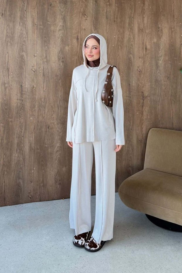 Rona Hooded Two-Piece Set Beige