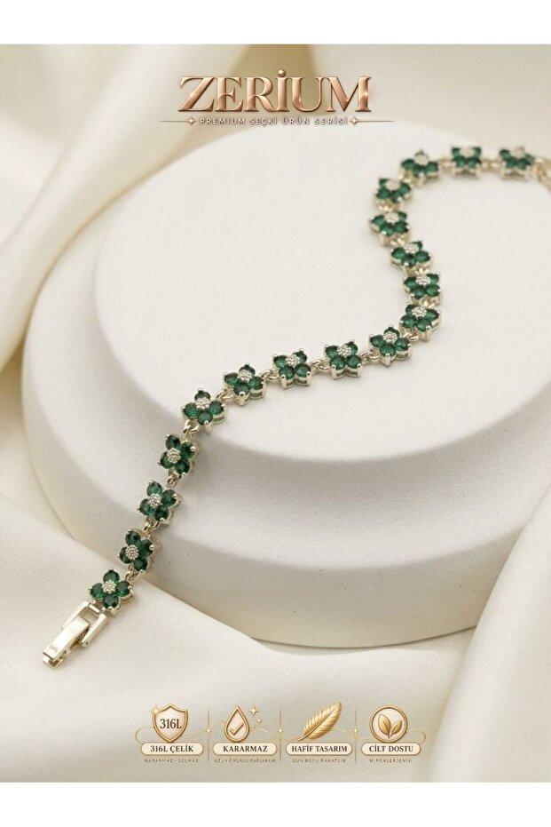 316L Steel Women's Bracelet with Clover Figure and Green Zircon Stone