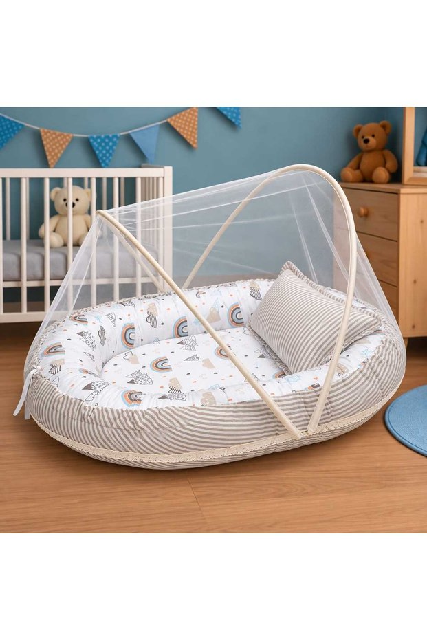 Babynest Mosquito Net Crib Baby Bed Orthopedic Pillow Cotton and Muslin Fabric 60 X 85 cm