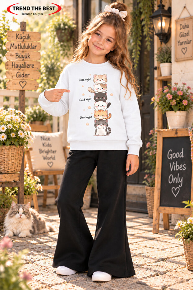 Winter, Spring, and Autumn Girls' Black Spanish Flared Bottoms and White Sweat Top