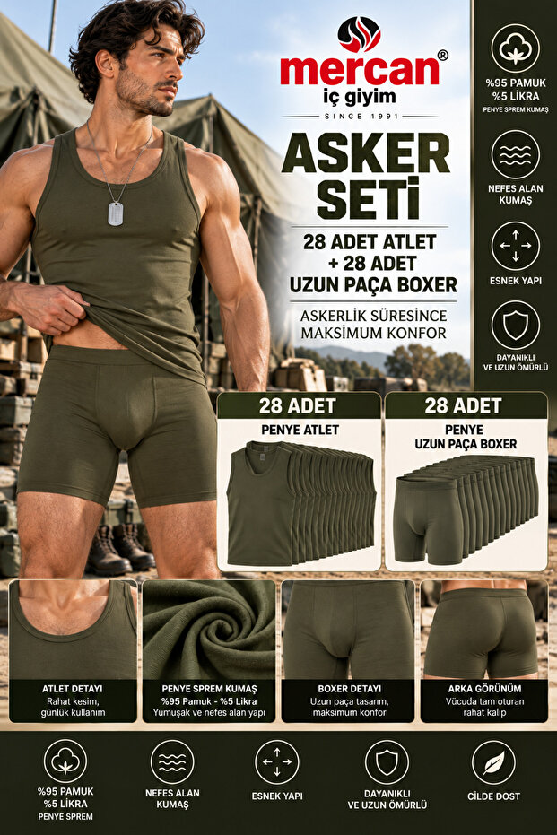 Infantry and Commando 28-Day Soldier Set - Khaki Combed Cotton Undershirt + Long-Legged Boxer Shorts (No Gathering)