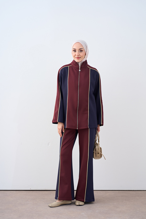 Women's Double Color Stripe Detail Zippered Tracksuit Set Claret Red