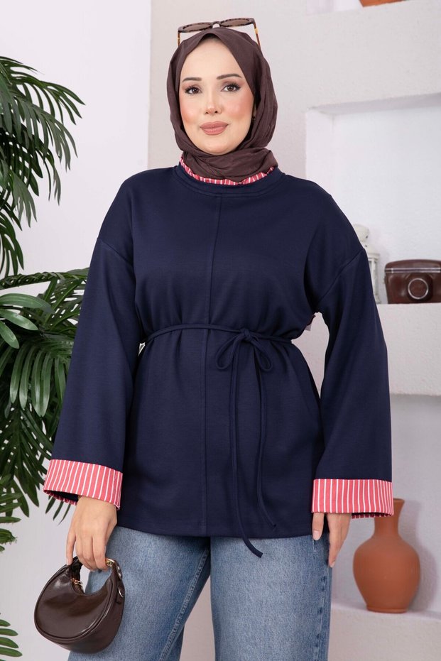 Striped Garnished Lace-Up Tunic Navy Blue