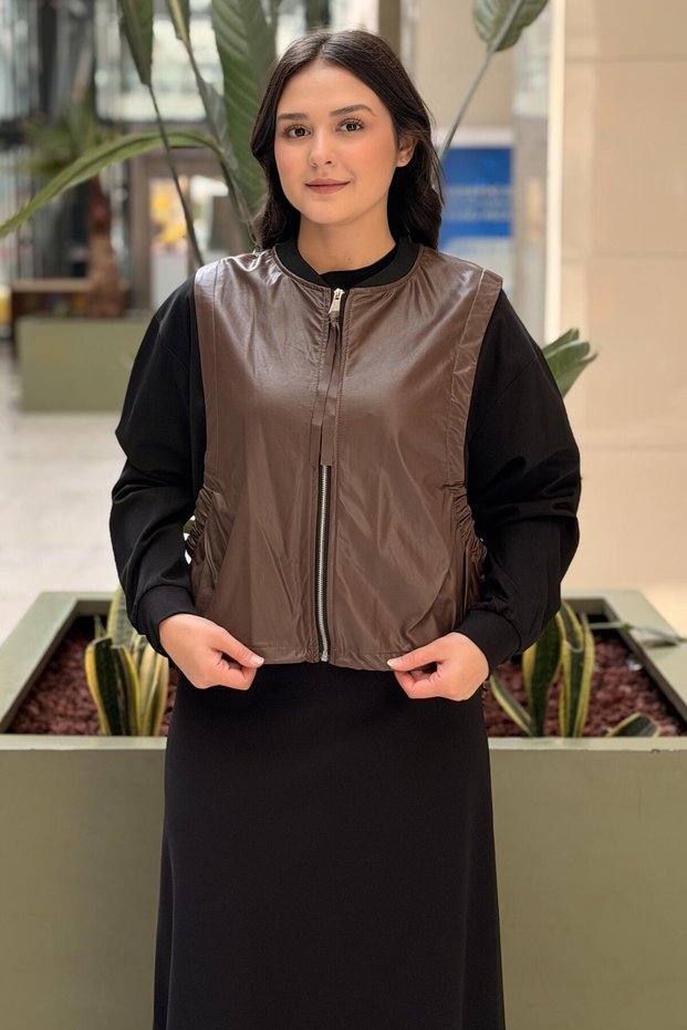 Zippered Leather Combination Bomber Nero Jacket
