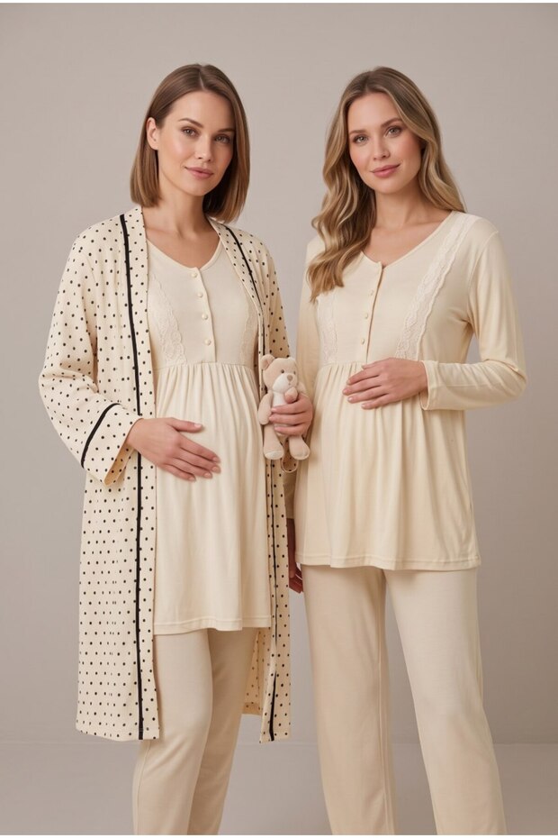 Women's Beige Patterned Lace Maternity Pajama Set with Dressing Gown for Easy Breastfeeding