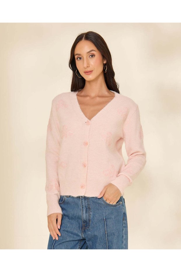 Women Pink Knit Cardigan With Front Button Closure