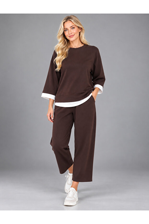 Women's Relaxed Fit Tracksuit Set White Contrast Stripe Detailed Three-Quarter Sleeve Top and Bottom Set