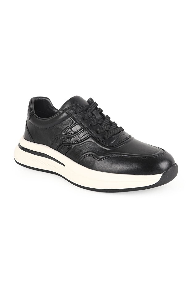 Libero Men's Sneaker H1163 Black-White Genuine Antique Leather Crocodile Textured Stripe Detailed Lace-Up Lightweight E