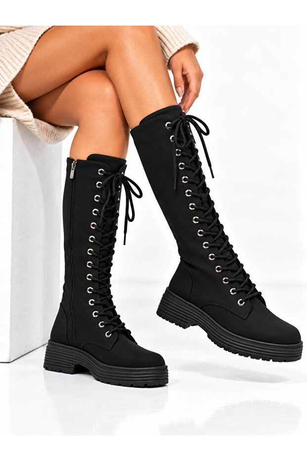 Women's Lace-Up Inner Zipper Below-The-Knee Boots Flat Thick Sole Comfortable Long Boots