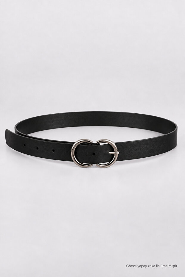 Faux Leather Belt with Silver Buckle Lkm0012 Black