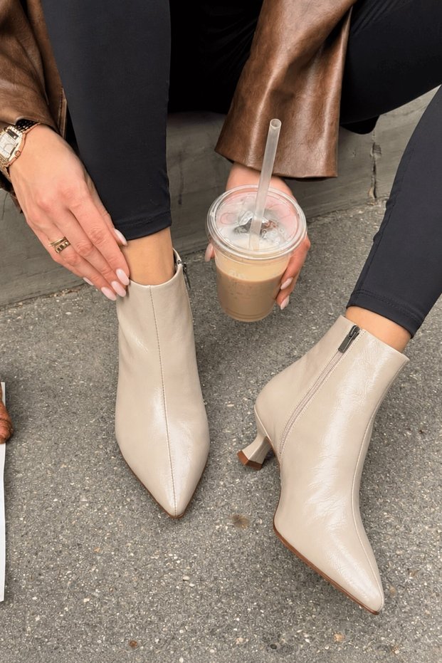 Denis Women's Beige Pointed Toe Low Goblet Heeled Stylish Boots with Side Zipper 3.5 cm Heel