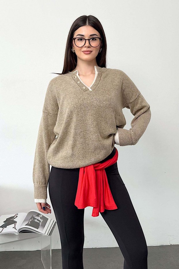 Women's V-Neck Button Detailed Knitwear Sweater Beige - 27K 2648