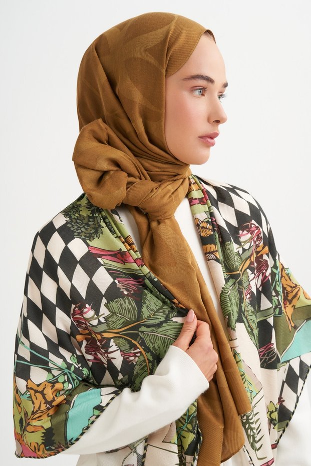 Fiorella Patterned Reniva Tencel Triangle Shoulder Shawl Sage
