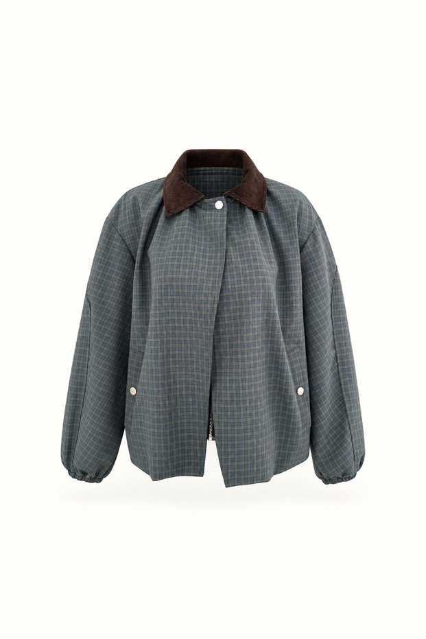 Velvet Collar Petrol Plaid Coat