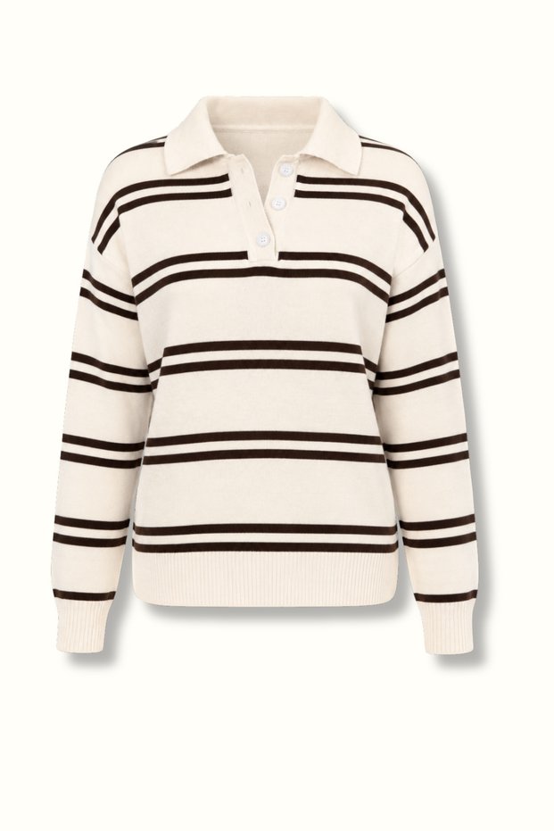Polo Collar Ecru/Brown Striped Knitwear