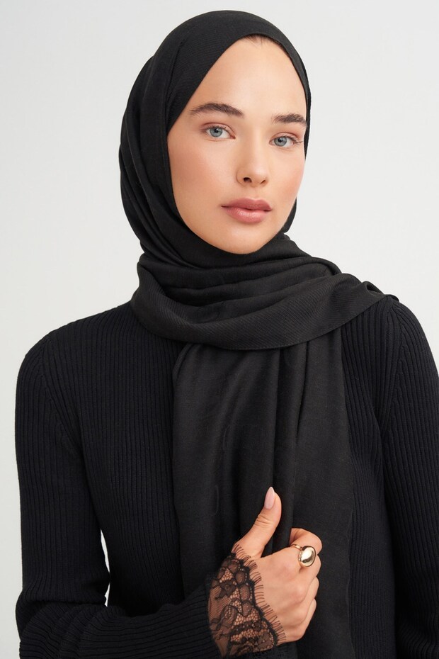 Monogram Pattern Tencel Wool Viscose Shawl Black